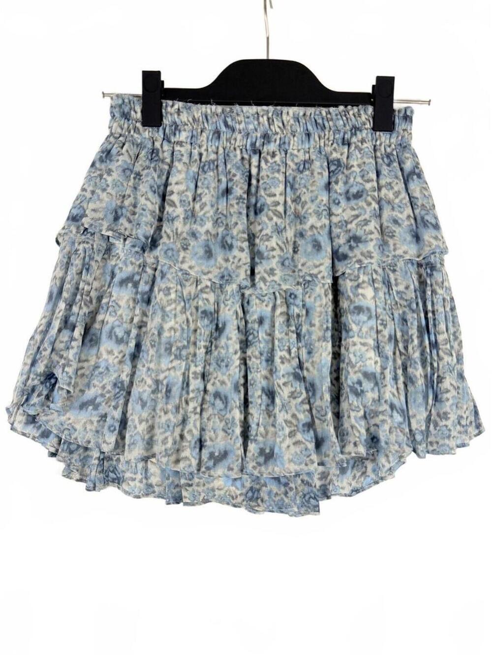 LoveShackFancy Ruffle Mini Skirt Tiered Floral Boho Cotton Silk Blue Size P/ XXS